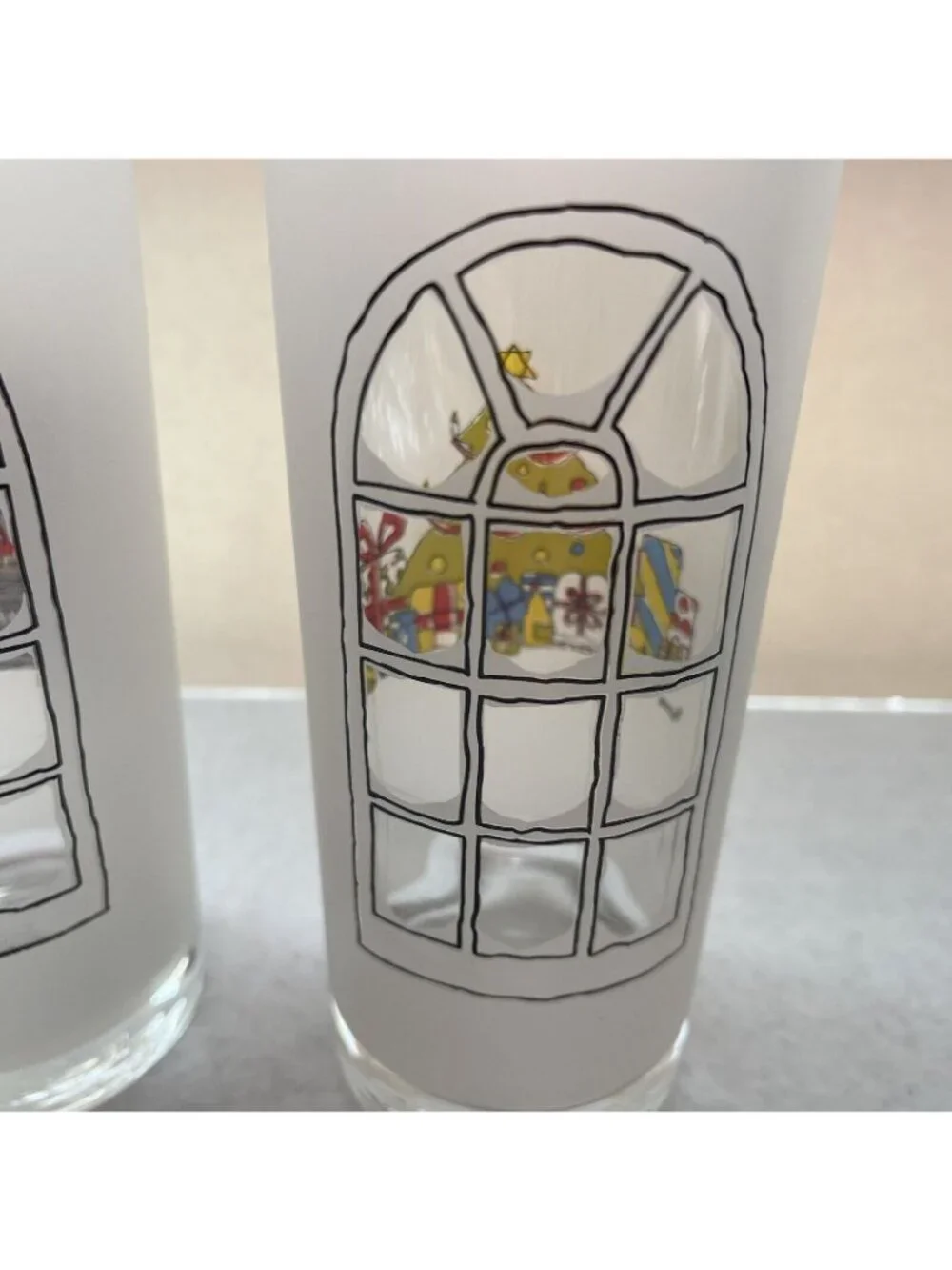 Christmas Frosted Highball Tumblers Window Scene Glasses Set Portugal Vintage